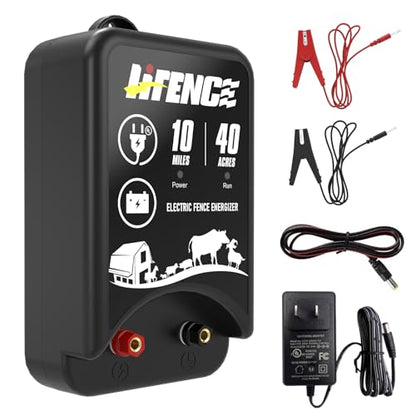 AC/DC 2-in-1 Power Supply, Electric Fence Energizer for 10 Mile Preventing Wild Animal Intrusion, 40 Acre Coverage, 12V Input, 12KV 2 Joule Output, Deter Predators, Contain Cattle, Cow and Livestock - color: BLACK-Base Model