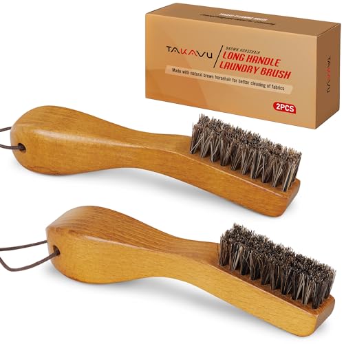 Laundry Stain Brush, Soft Natural Horse Hair, Safe on Delicates 2pcs | Clothes Cleaning Scrubber, Stain Remover for Shirts, Collars, Cuffs & Shoes, Curved Beech Wood Handle with Hanging Loop