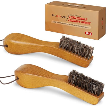 Laundry Stain Brush, Soft Natural Horse Hair, Safe on Delicates 2pcs | Clothes Cleaning Scrubber, Stain Remover for Shirts, Collars, Cuffs & Shoes, Curved Beech Wood Handle with Hanging Loop