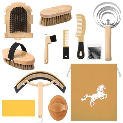 Abbylike 12 Pieces Horse Grooming Kit Equine Care Brushes, Khaki - color: Khaki
