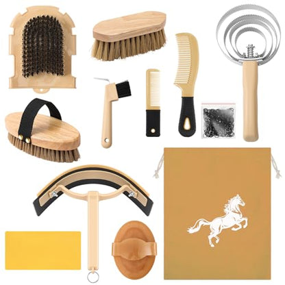 Abbylike 12 Pieces Horse Grooming Kit Equine Care Brushes, Khaki - color: Khaki