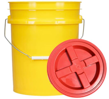 House Naturals 5 Gallon Plastic Yellow Food Grade BPA Free Made in USA Bucket Pail with Air Tight Double Gasket Screw on Lid(Pack of 3) (Yellow and Red lids) - color: Yellow and Red Lids