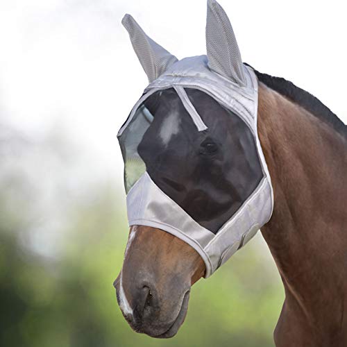 Harrison Howard CareMaster Horse Fly Mask Half Face with Ears Silver/Black Retro Medium Cob - color: Silver/Black, size: Cob (Medium)