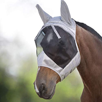 Harrison Howard CareMaster Horse Fly Mask Half Face with Ears Silver/Black Retro Medium Cob - color: Silver/Black, size: Cob (Medium)