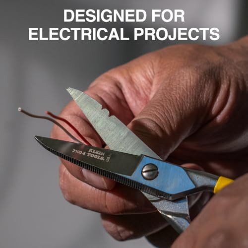 Klein Tools 2100-8 Free-Fall Electrician Snips, Made in USA, 6.25-Inch Stainless Steel Scissors with Stripping Notches, Fully Serrated Blade, Extended Handle, Electrical and Heavy-Duty Applications - style: Free-Fall Snip
