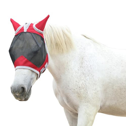 Horse Fly Mask with Ears, Breathable Fine Mesh Red Pony - color: Red, size: Pony