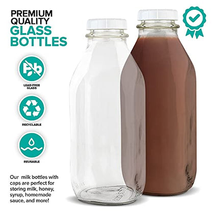 Stock Your Home Liter Glass Milk Bottle with Lid (3 Pack) 32 Oz Jugs and 6 White Caps, Reusable Food Grade Milk Container for Refrigerator, Bottles for Juice, Oat or Plant Milks, Water, Honey - size: 32 oz