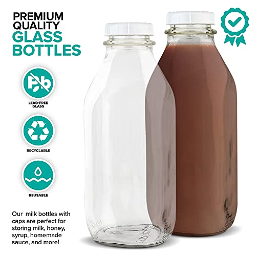 Stock Your Home Liter Glass Milk Bottle with Lid (1 Pack) 32 Oz Jugs and 3 White Caps, Reusable Food Grade Milk Container for Refrigerator, Bottles for Juice, Oat or Plant Milks, Water, Honey - size: 32oz, style: 1 Pack