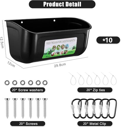Chicken Feeder Waterer, 10 Pack Duck Feeder Supplies, Hanging Fence Feed Trough with Clips for Goat, Sheeple, Piglet, Gooses, Turkeys, Dog Livestock Poultry, Black - color: 10 pack Black
