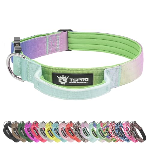 TSPRO Heavy Duty Tactical Dog Collar Quick Release Metal Buckle with Handle | Premium Dog Collar, Military Grade, 1.25 Inch Wide, Soft Padded, Thick, Adjustable for Medium Dogs (Gradient Rainbow, M) - color: Lucky Rainbow, size: M, Handle Style, Neck 14.5