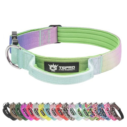 TSPRO Heavy Duty Tactical Dog Collar Quick Release Metal Buckle with Handle | Premium Dog Collar, Military Grade, 1.25 Inch Wide, Soft Padded, Thick, Adjustable for Medium Dogs (Gradient Rainbow, M) - color: Lucky Rainbow, size: M, Handle Style, Neck 14.5