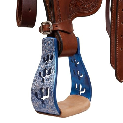 CHALLENGER Horse Western 5" Slanted Offset Angled Cactus Engraved Aluminum Show Stirrups 51243 - color: Blue Cactus