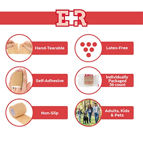 Ever Ready First Aid Self Adherent Cohesive Wrap Bandages, 2” x 5 Yards for First Aid, Sprains, Swelling, Sports, Pets, Tan – 36 Count
