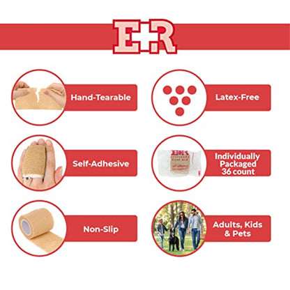 Ever Ready First Aid Self Adherent Cohesive Wrap Bandages, 2” x 5 Yards for First Aid, Sprains, Swelling, Sports, Pets, Tan – 36 Count