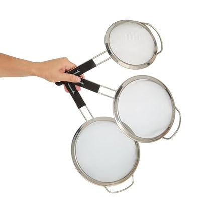 Restaurantware Fine Mesh Strainer Set of 3 Different Sizes with Silicone Handle Stainless Steel Extra Fine Mesh Strainer Heat-Resistant Handle Dishwasher-Safe for Rice, Quinoa, Pasta - size: Standard, Extra Fine Mesh-3-Piece Set