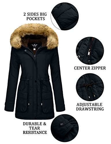 YXP Women's Winter Thicken Military Parka Jacket Warm Fleece Cotton Coat with Fur Hood - size: Large