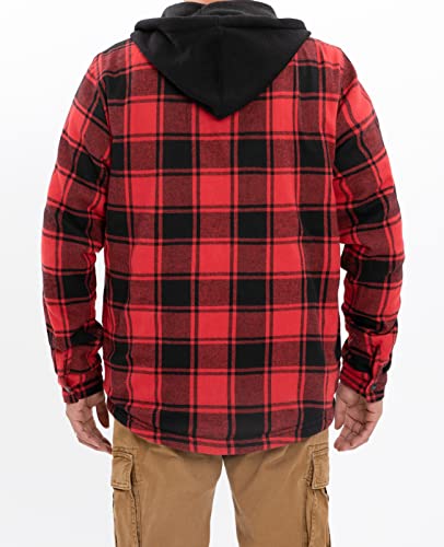 ZENTHACE Men's Sherpa Lined Full Zip Hooded Plaid Shirt Jacket - color: Red Black, size: Medium