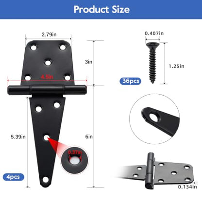 HOME MASTER HARDWARE 6" Heavy Duty Gate Hinges, 4 Pack T-Strap Hinge, Black