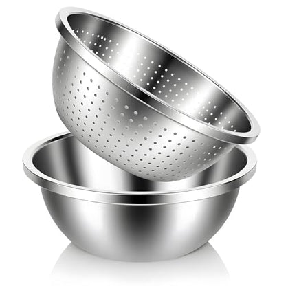 304 Stainless Steel Colander and Strainer, 5QT Large Capacity with Mixing Bowl, Micropore for Washing Rice, Vegetables, Fruit, Grain, Bean, and Draining Cooked Pasta, Dishwasher Safe - size: L