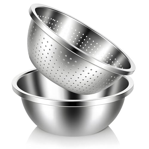 304 Stainless Steel Colander and Strainer, 5QT Large Capacity with Mixing Bowl, Micropore for Washing Rice, Vegetables, Fruit, Grain, Bean, and Draining Cooked Pasta, Dishwasher Safe - size: L