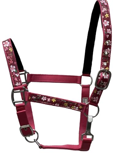 2 Ply Nylon Horse Size Halter with Flower Design Tape Accent - color: Pink