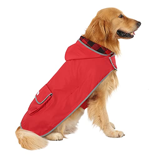 HDE 2-in-1 Reversible Dog Raincoat Hooded Poncho Rain Jacket Red Plaid L - color: Buffalo Plaid / Red, size: Large