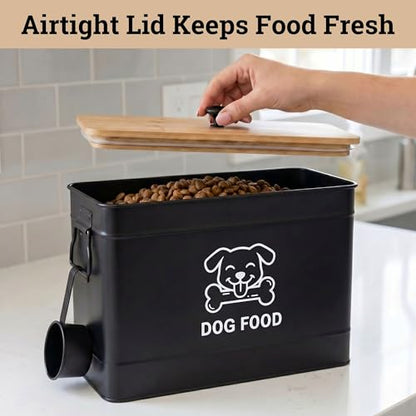 Metal Dog Food Container 15-20 lbs w/ Airtight Bamboo Lid, 70 Cup Capacity - color: Black