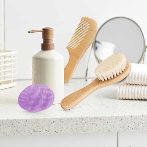 Baby Hair Brush with Wooden Handle and Comb Set for Newborns & Toddlers | Natural Soft Goat Bristles l Wood Comb l Blue Cradle Cap Brush| Ideal for Cradle Cap (3 Piece) - color: Blue Silicone Brush (3pcs)