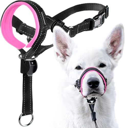 GoodBoy Dog Head Halter with Safety Strap - Stops Heavy Pulling On The Leash - Padded Headcollar for Small Medium and Large Dog Sizes - Head Collar Training Guide Included (Size 1, Pink) - color: Black Nylon / Pink Padding, size: Size 1