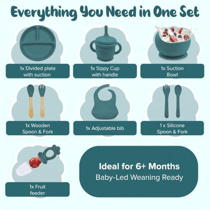 Silicone Baby Feeding Set, Suction Plates Bowls Bibs for Self Feeding Green | Baby Led Weaning, BPA-Free Suction Plates and Bowls, Baby Spoons Forks, Independent Eating, Easy Clean - color: Green Spruce