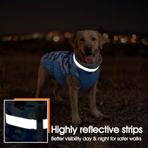 Lelepet Dog Winter Coat with Harness, Waterproof Reflective Camo Jacket - color: Blue Camo, size: X-Small