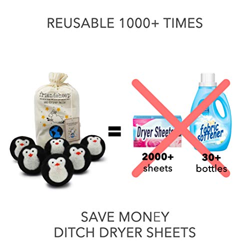 Friendsheep Wool Dryer Balls, Organic Reusable Fabric Softener Alternative for Laundry, Handmade, Fair Trade, Hypoallergenic, Eco-Friendly, Plastic-Free (6 Pack XL – Black Penguin) | Reusable fabric softener alternative Organic wool, handmade, fair trade,
