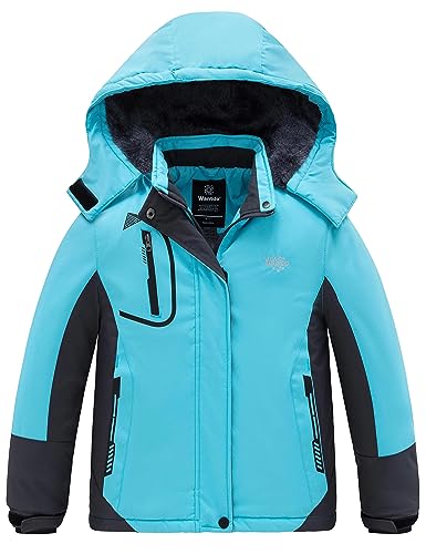 wantdo Girls Winter Ski Coat Fleece Snowboarding Jacket Waterproof 10000mm | Removable Hood, Chest Pocket, Fleece Lining, Windproof, Machine Washable - color: Light Blue, size: 8