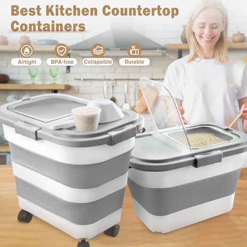 Komzon Rice Storage Container, Collapsible Airtight 10-40 Lb Rice Storage Container, 25lb Pet Dog Food Storage Container, Rice Dispenser Bin with Cup and Scoop for Flour Cereal Pasta Grain, Cat Bird - size: 10-40 Lbs