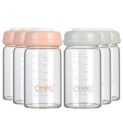 COMI Wide Neck Glass Breastmilk Collection n Storage Bottle, 4 Packs, 6oz with Screw Ring Sealing Disk; Re-markable Sealing Disc. BPA Free, Fits Breast Pumps & Nipples (3 Gray Lids + 3 Pink Lids) - style: 180ml 3PINK+3GRAY