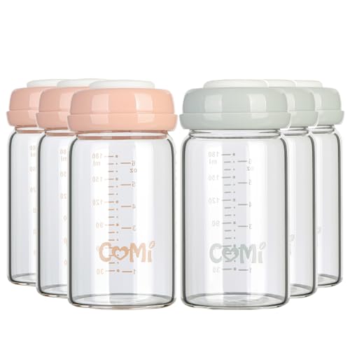 COMI Wide Neck Glass Breastmilk Collection n Storage Bottle, 4 Packs, 6oz with Screw Ring Sealing Disk; Re-markable Sealing Disc. BPA Free, Fits Breast Pumps & Nipples (3 Gray Lids + 3 Pink Lids) - style: 180ml 3PINK+3GRAY