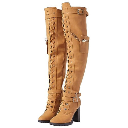Yishaweiqi Buckle Strap Wide Calf Thigh High Boots for Women Chunky Block High Heel Over The Knee Boots Lace up Riding Combat Boots Ladies Side Zipper Tall Long Boots - color: Tan, size: 6