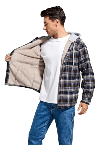 Men's Cotton Plaid Shirt Jacket Fleece Flannel Sherpa Button Down - color: Dark Blue, size: Medium