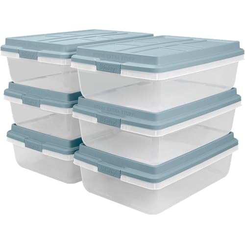 Hefty Hi-Rise Storage Bin with Lid, 40 Quart, Smoke Blue, 6 Pack | Stackable Plastic Container Tote for Home, Office, and Classroom Organization - size: 40 Qt - 6 Pack