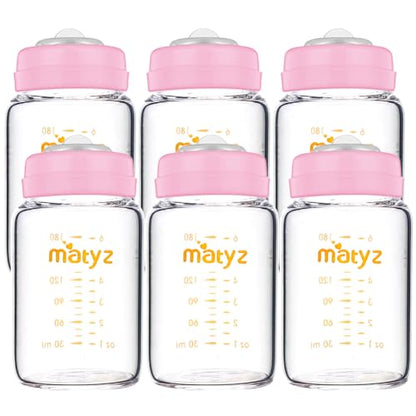Matyz Glass Breastmilk Storage Containers, 6 Pack, 6 oz Bottle, Compatible with Spectra Medela Philips Pump - Freezer Safe Storage Bottles Set - Leakproof Glass Baby Bottles - No BPA (Pink Lids) - color: [Pack of 6] Pink Lid - 6 Ounce Clear Borosilicate G