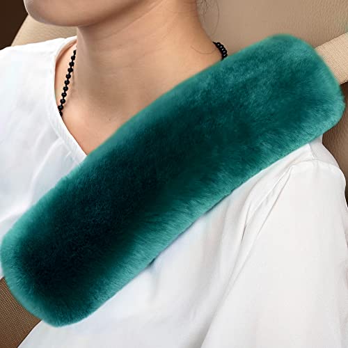 OGLAND 2 Pack Sheepskin Car Seat Belt Cover Pads | Wool Seatbelt Cushions - color: Alpine Green, size: Shearling Wool