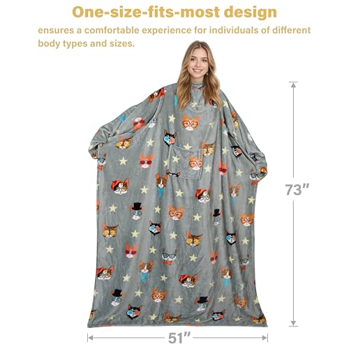 Catalonia Wearable Blanket with Sleeves for Women & Men, Fleece Wrap Throw - color: 80's Cat Dog Gray