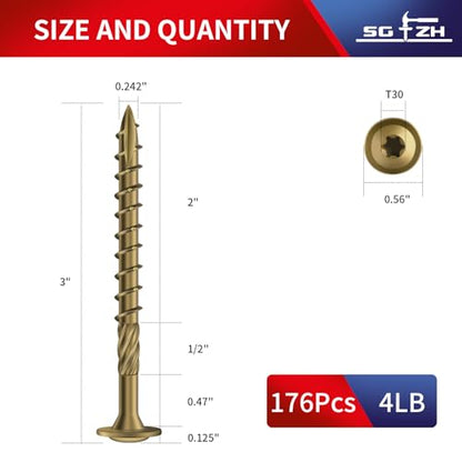 #14 x 3 Inch Lag Screws (176Pcs) 4lb. Structural Wood Screw, Bronze, Carbon Steel, Washer Head, Rust Resistant epoxy Coated, T30 Star Bit - color: Bronze, size: #14 x 3"