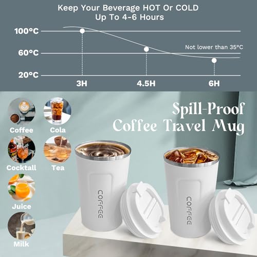 Insulated Travel Coffee Mug, Stainless Steel Coffee Cup with Leakproof Lid - color: 2nd-White, size: 17 Ounces