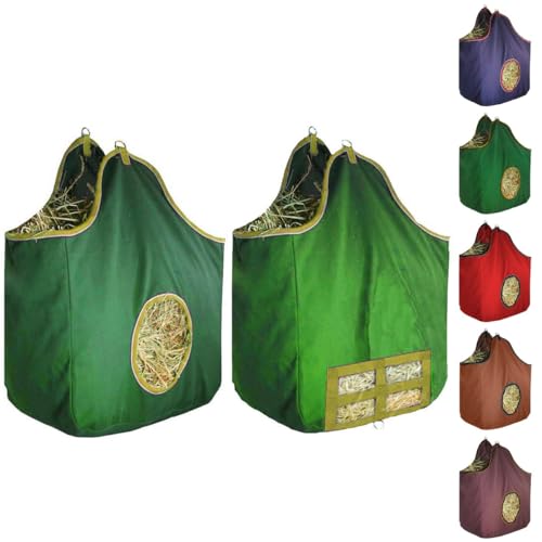Derby Originals Large 24 OZ Canvas Horse Hay Bag 2 Sided Combo Design X Wide Gusset and 6 Month Warranty - color: Hunter Green/Mustard Yellow