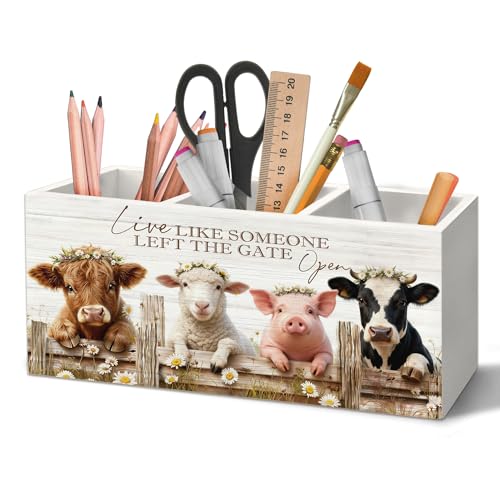 Farmhouse Highland Cow Sheep Pig Pen Holder Organizer for Desk Accessories, Live Like Someone Left the Gate Open Funny Animal Wooden Box Sign Desk Decorations for Home Office Decor - color: 4 Animal, size: 2.5"D x 7.8"W x 3.5"H