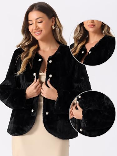Allegra K Winter Faux Fur Coat Jacket for Women Long Sleeve Pockets Pearl Button Fluffy Cropped Cardigan Outerwear - color: Black, size: Small