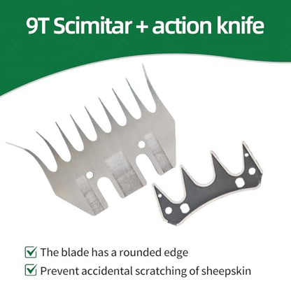 Sheep Shears Blades 9-Tooth Wool Shearing Comb and Cutter Blade Set for Alpaca Goats Wool Cutter Grooming Trimmer(9T Scimitar+Front Blade) - size: 9T scimitar+front blade