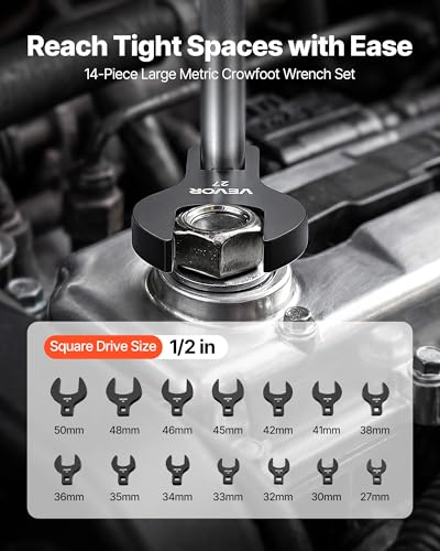 VEVOR Crowfoot Wrench Set, 1/2" Drive, 14-Piece Metric 27 to 50 mm Crows Foot Wrenches, with Storage Tray, Dual Size Markings on Tools and Tray, for Auto Maintenance or Repairs - size: 1/2" 14 PCS Black