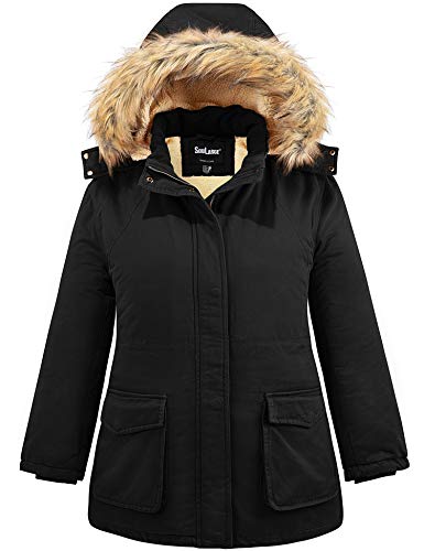 Soularge Women's Winter Plus Size Sherpa Lined Jacket with Hood | Women's Plus Size Workwear Fit,100% Cotton Outer Shell,Soft Fleece Lining,Windproof Stand Collar - color: Black, size: 4X